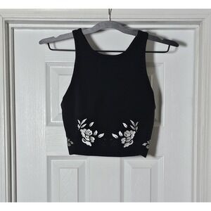 Athleta High Neck Black Sports Bra Cropped Tank Floral Eyelet Size Small Padded